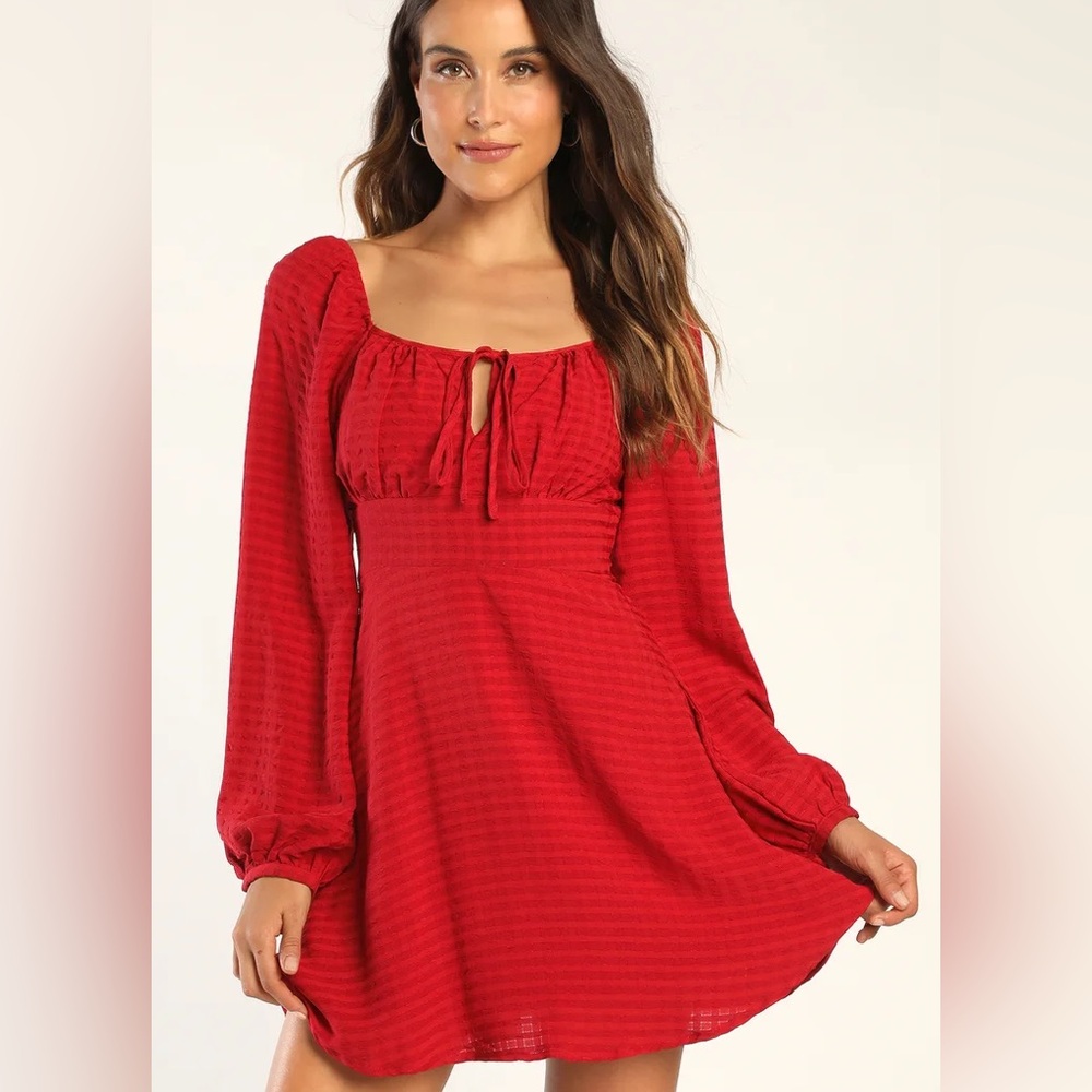 Lulus Red Long Sleeve Tie Front Dress, XS